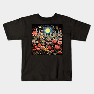 Surrealistic Folk Art Dark Floral Motif Blooming Flowers Garden Kids T-Shirt